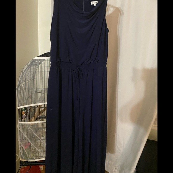 Navy blue long elephant pants jumpsuit short sleeves tie in the front - Picture 3 of 3